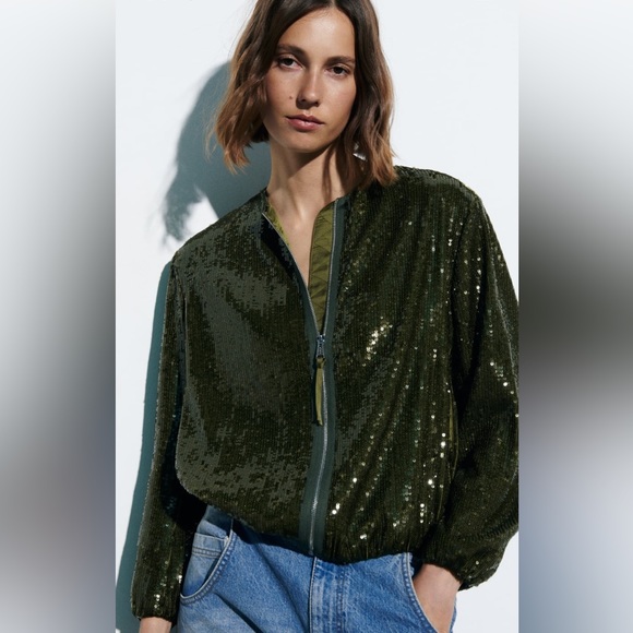 Zara NWT Emerald Green Sequin Bomber Jacket Size M - Picture 4 of 17